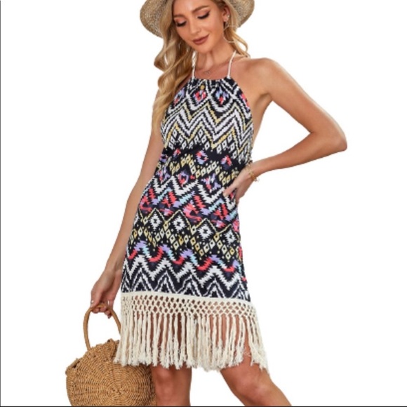 lil bo tik Dresses & Skirts - Boho Summer Tie Halter Top Backless Tassel Hem Midi Dress in Zig Zag & Geomet